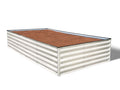 Raised garden bed, rectangular, ivory color, filled with brown soil on a white background