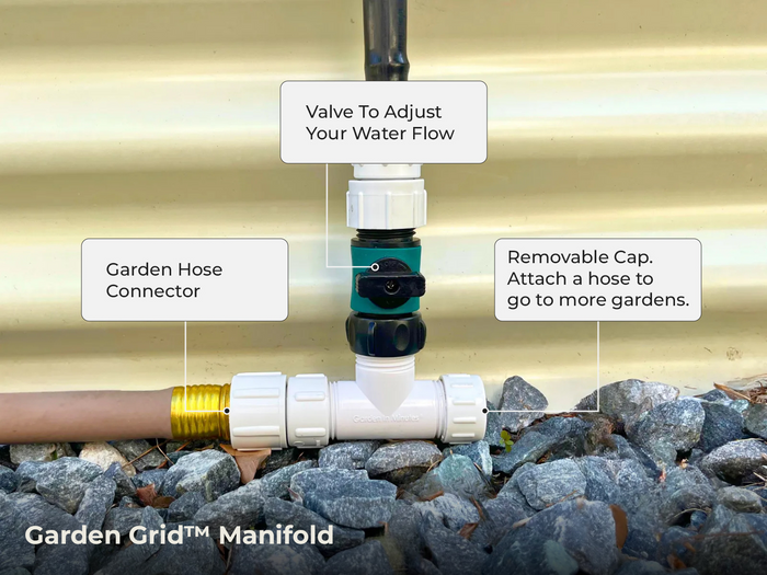 Garden Grid Manifold with garden hose connector, valve to adjust water flow, and removable cap for additional hoses