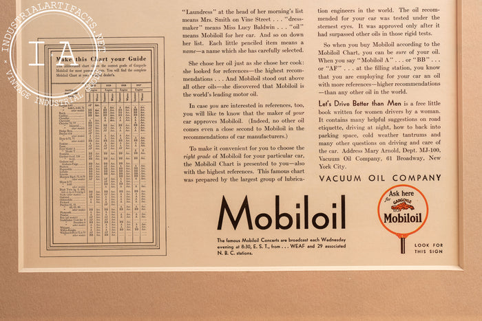 1930 Framed Vacuum Oil Gargoyle Mobiloil Lithographic Ad