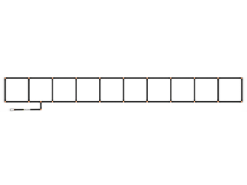 1x10 Garden Grid Watering System,  showing black tubing and tan connectors, forming a 1x10 grid pattern with a hose attachment on a white background. Top down view