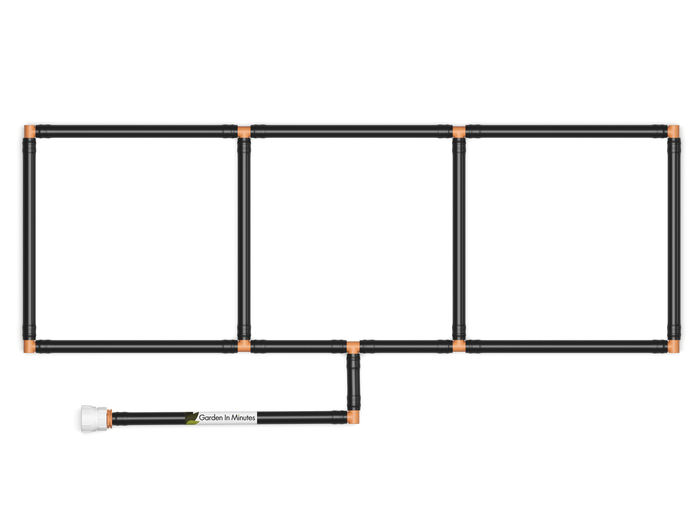 1x3 Garden Grid Watering System, showing black tubing and tan connectors, forming a 1x3 grid pattern with a hose attachment on a white background. Top down view