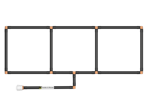 1x3 Garden Grid Watering System, showing black tubing and tan connectors, forming a 1x3 grid pattern with a hose attachment on a white background. Top down view