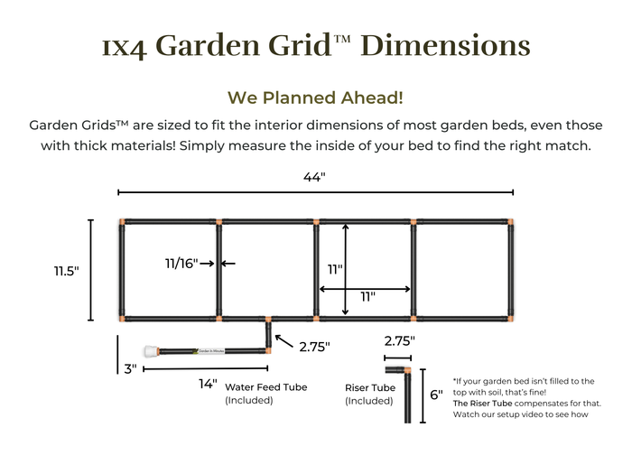 1x4 Garden Grid Watering System dimensions, 44 inches by 11.5 inches, with 11-inch squares, 14-inch long water feed tube, 6" tall riser tube with a 2.75" tube extension (makes an L shape). Riser tube and water feed tube are included. Note stating Garden Grids are intended to fit the interior dimensions of most garden beds even those with thick materials