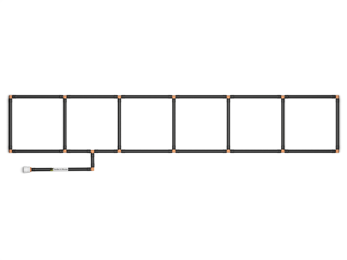 1x6 Garden Grid Watering System,  showing black tubing and tan connectors, forming a 1x6 grid pattern with a hose attachment on a white background. Top down view