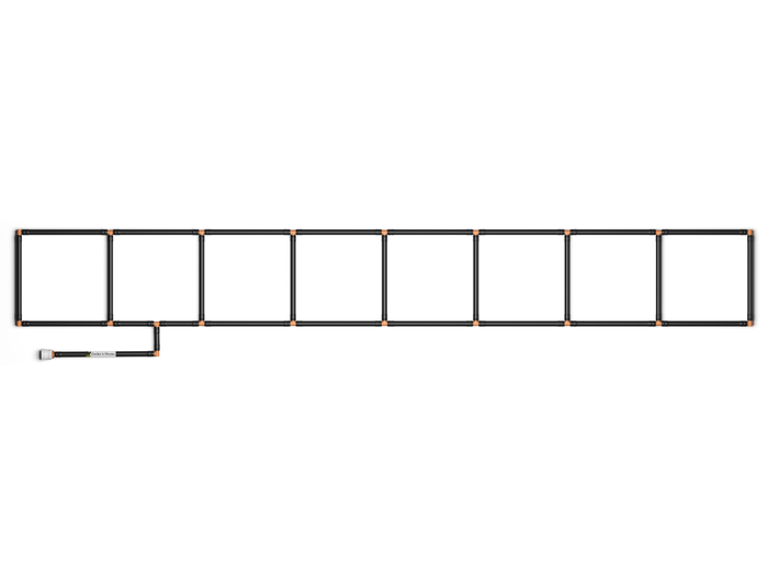 1x8 Garden Grid Watering System, showing black tubing and tan connectors, forming a 1x8 grid pattern with a hose attachment on a white background. Top down view
