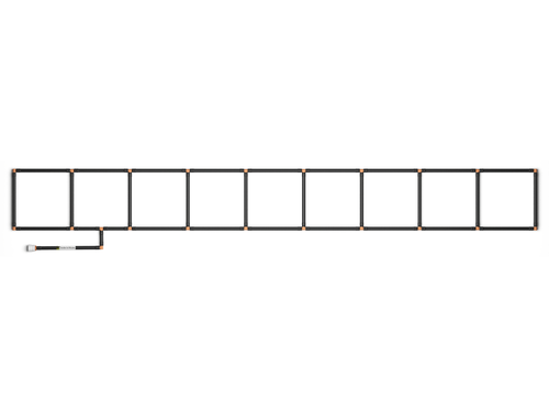 1x9 Garden Grid Watering System,  showing black tubing and tan connectors, forming a 1x9 grid pattern with a hose attachment on a white background. Top down view