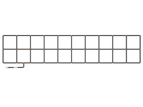 2x10 Garden Grid Watering System, standard corners showing black tubing and tan connectors, forming a 2x10 grid pattern with a hose attachment on a white background. Top down view