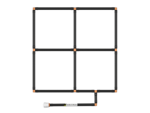 2x2 Garden Grid Watering System, showing black tubing and tan connectors, forming a 2x2 grid pattern with a hose attachment on a white background. Top down view