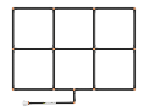 2x3 Garden Grid Watering System, standard corners showing black tubing and tan connectors, forming a grid pattern with a hose attachment on a white background. Top down view