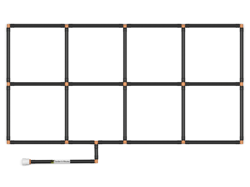2x4 Garden Grid Watering System, standard corners showing black tubing and tan connectors, forming a grid pattern with a hose attachment on a white background. Top down view