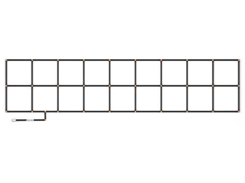 2x9 Garden Grid Watering System, standard corners showing black tubing and tan connectors, forming a 2x9 grid pattern with a hose attachment on a white background. Top down view