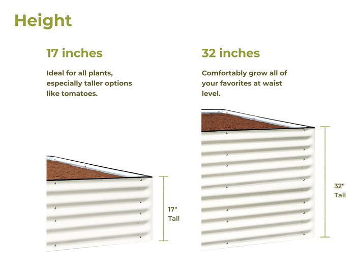 Two raised garden beds, one 17 inches tall and the other 32 inches tall, filled with soil
