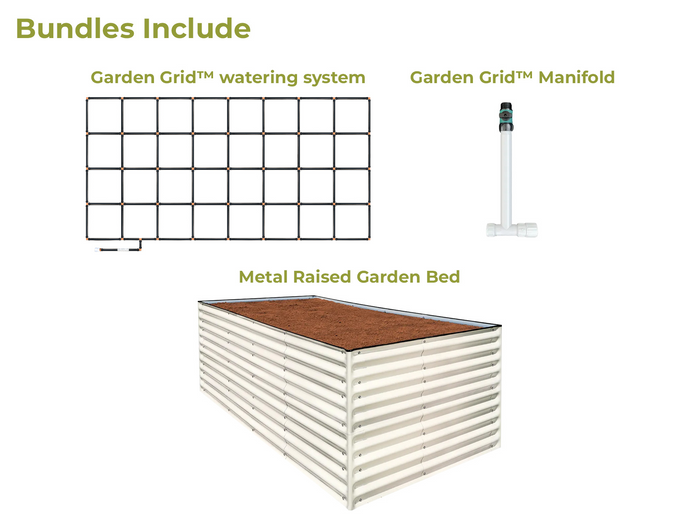 Garden Grid watering system, Garden Grid manifold, and a metal raised garden bed with soil
