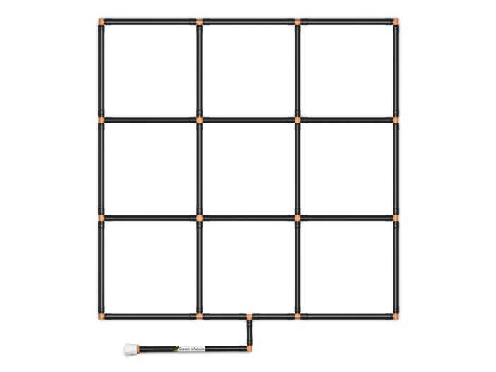 3x3 Garden Grid Watering System, standard corners showing black tubing and tan connectors, forming a grid pattern with a hose attachment on a white background. Top down view