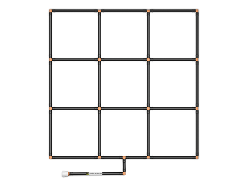 3x3 Garden Grid Watering System, standard corners showing black tubing and tan connectors, forming a grid pattern with a hose attachment on a white background. Top down view