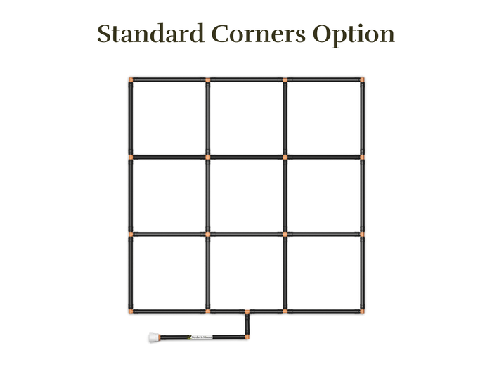 3x3 Garden Grid Watering System, standard corners option showing black tubing and tan connectors, forming a grid pattern with a hose attachment on a white background. Top down view