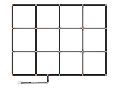 3x4 Garden Grid Watering System, standard corners with black pipes and tan connectors, forming a grid pattern with a hose attachment on a white background. Top down view
