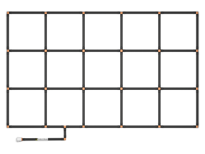 3x5 Garden Grid Watering System, standard corners with black pipes and tan connectors, forming a grid pattern with a hose attachment on a white background. Top down view