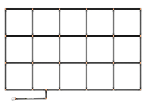 3x5 Garden Grid Watering System, standard corners with black pipes and tan connectors, forming a grid pattern with a hose attachment on a white background. Top down view