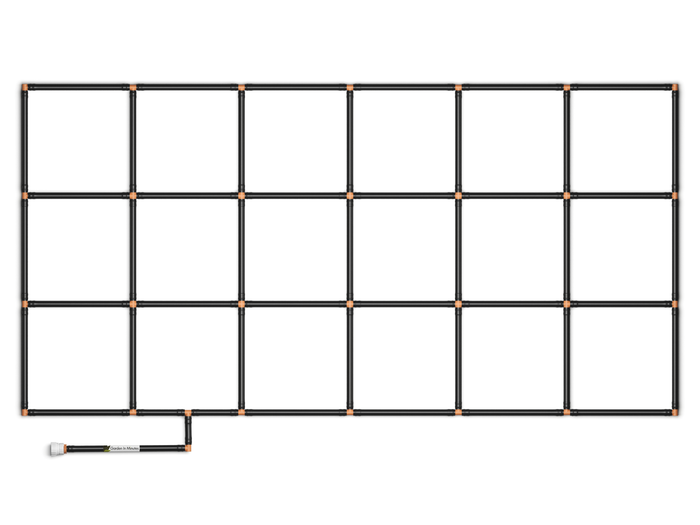 3x6 Garden Grid Watering System, standard corners with black pipes and tan connectors, forming a grid pattern with a hose attachment on a white background. Top down view