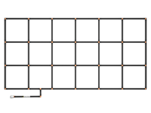 3x6 Garden Grid Watering System, standard corners with black pipes and tan connectors, forming a grid pattern with a hose attachment on a white background. Top down view