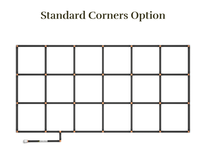 3x6 Garden Grid Watering System, standard corners option showing black tubing and tan connectors, forming a grid pattern with a hose attachment on a white background. Top down view