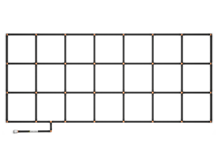 3x7 Garden Grid Watering System, standard corners showing black tubing and tan connectors, forming a grid pattern with a hose attachment on a white background. Top down view