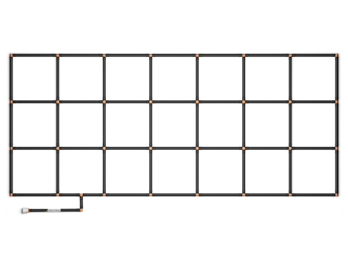3x7 Garden Grid Watering System, standard corners showing black tubing and tan connectors, forming a grid pattern with a hose attachment on a white background. Top down view