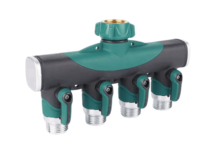 Green and black four-way garden hose splitter with individual shut-off valves