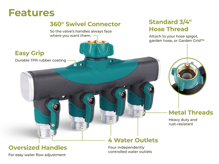 4-Way Hose Splitter with 360-degree swivel connector, easy grip, standard 3/4 inch hose thread, metal threads, oversized handles, 4 water outlets
