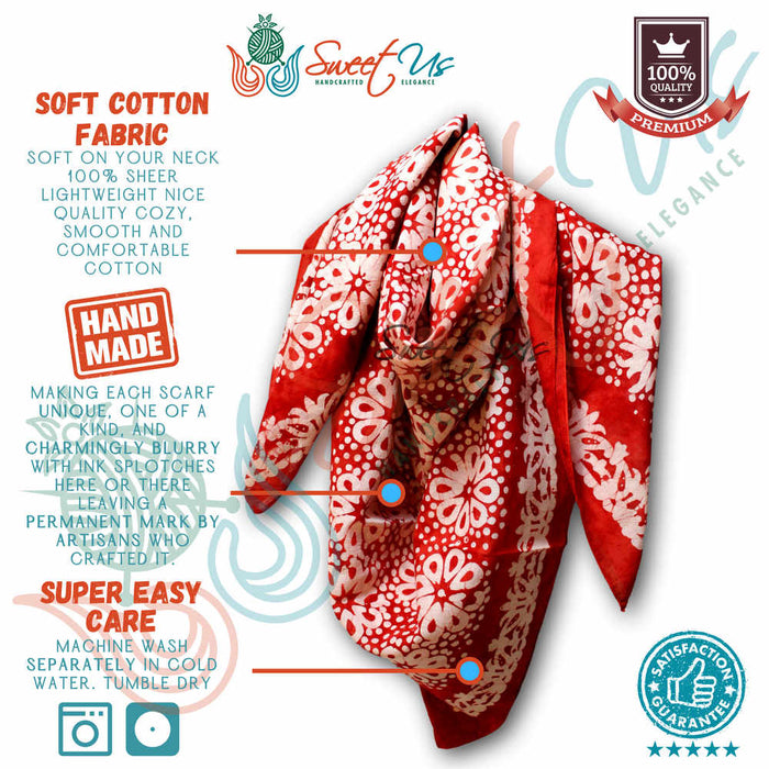 Batik Bloom Floral Sheer Soft Cotton Scarf for Women, Amalfi Blaze - Sweet Us