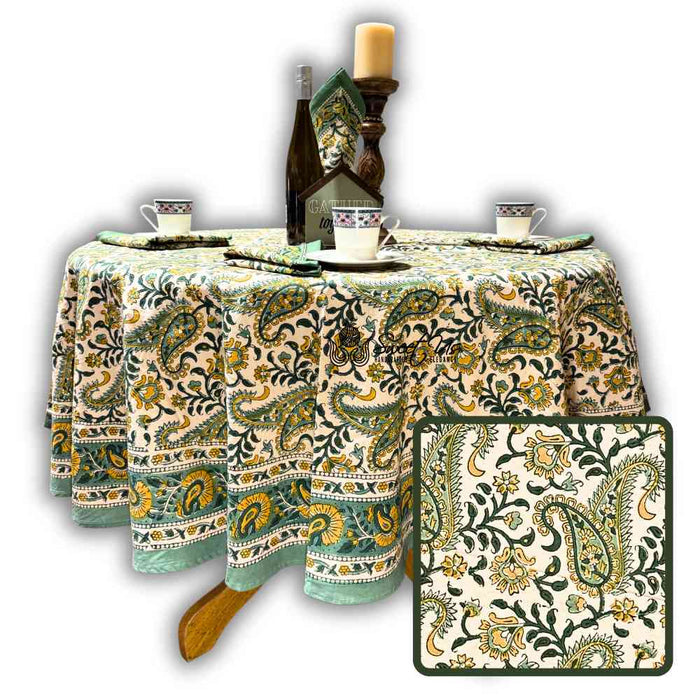 Parisian Paisley Floral Block Print Cotton Tablecloth Round, Lime Terrace - Sweet Us