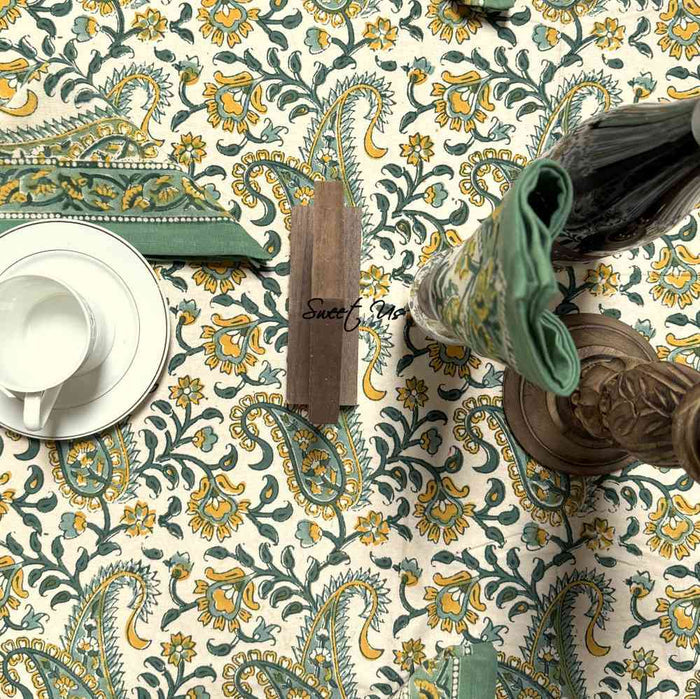 Parisian Paisley Floral Block Print Cotton Tablecloth Round, Lime Terrace - Sweet Us