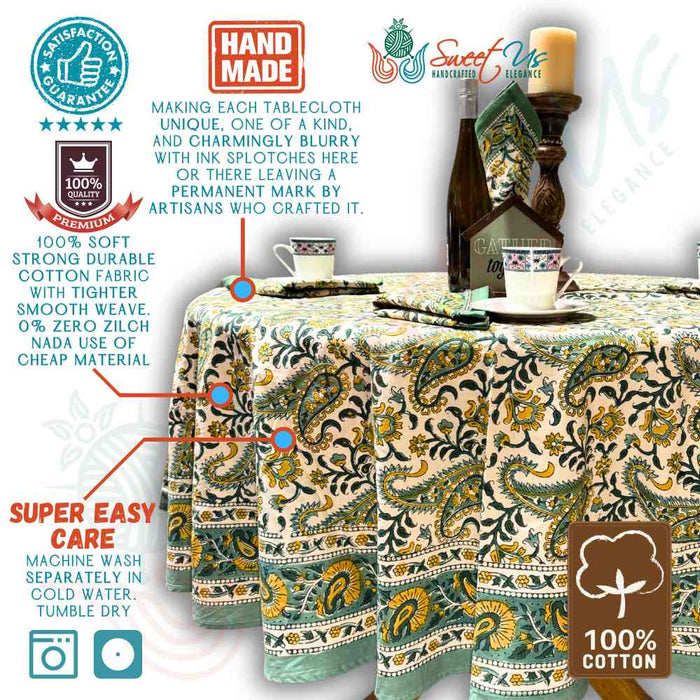 Parisian Paisley Floral Block Print Cotton Tablecloth Round, Lime Terrace - Sweet Us