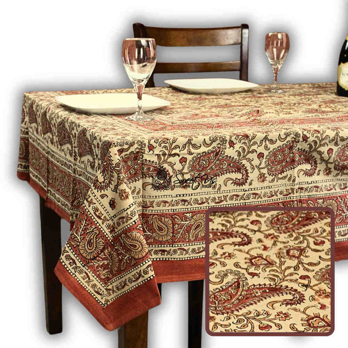 Parisian Paisley Floral Block Print Cotton Tablecloth Rectangle, Sienna Spice - Sweet Us