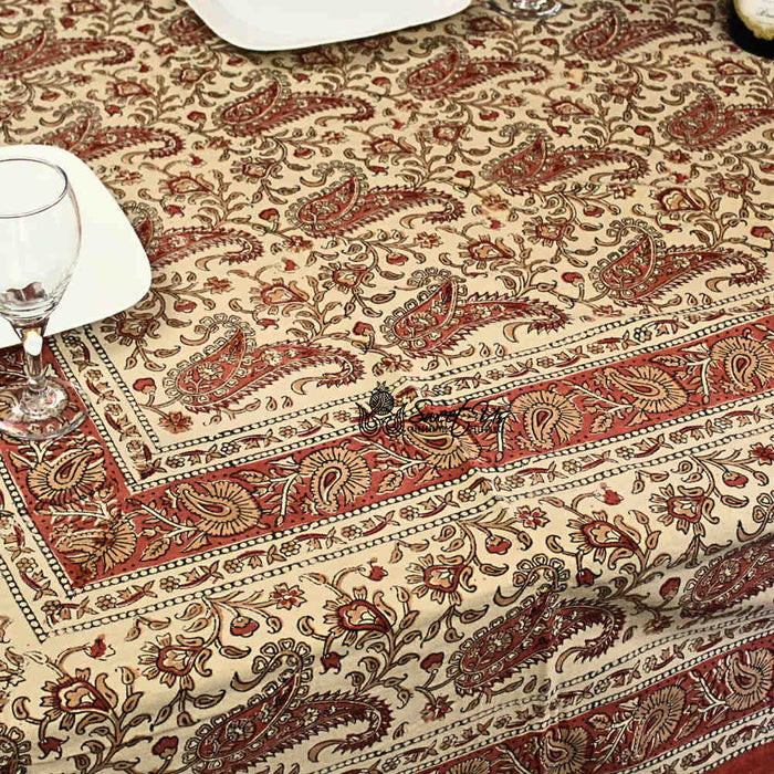 Parisian Paisley Floral Block Print Cotton Tablecloth Rectangle, Sienna Spice - Sweet Us
