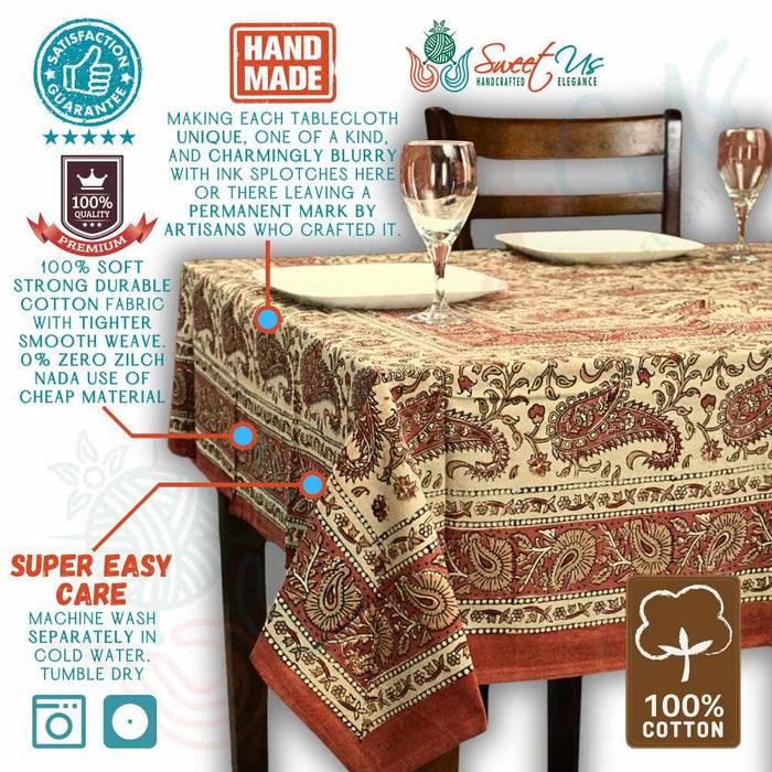 Parisian Paisley Floral Block Print Cotton Tablecloth Rectangle, Sienna Spice - Sweet Us