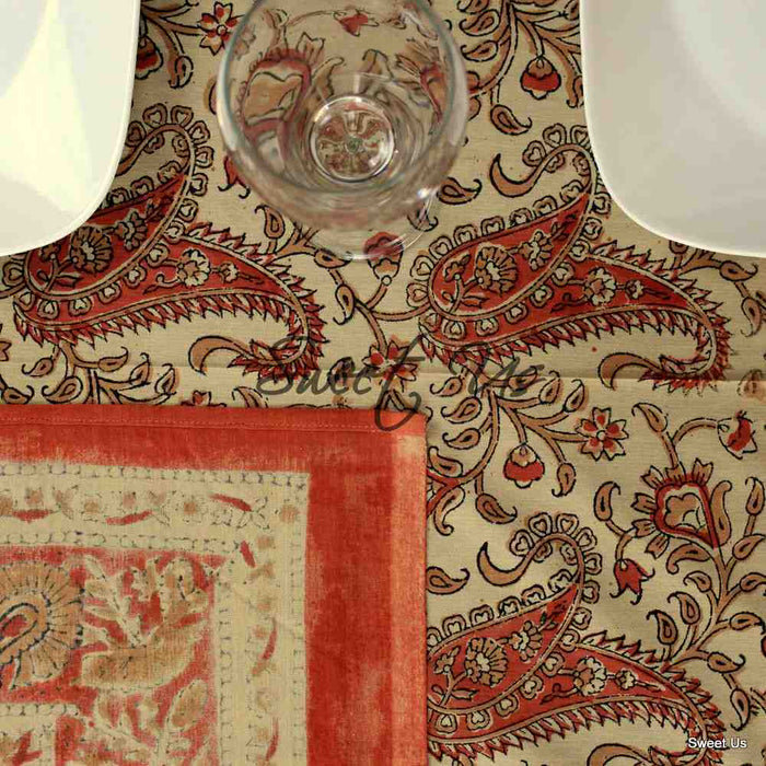 Parisian Paisley Floral Block Print Cotton Tablecloth Rectangle, Sienna Spice - Sweet Us