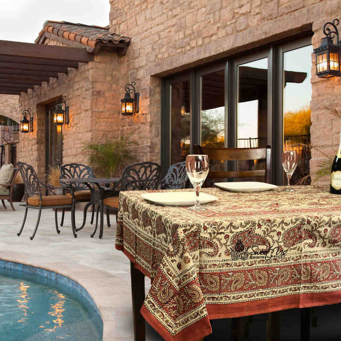 Parisian Paisley Floral Block Print Cotton Tablecloth Rectangle, Sienna Spice - Sweet Us
