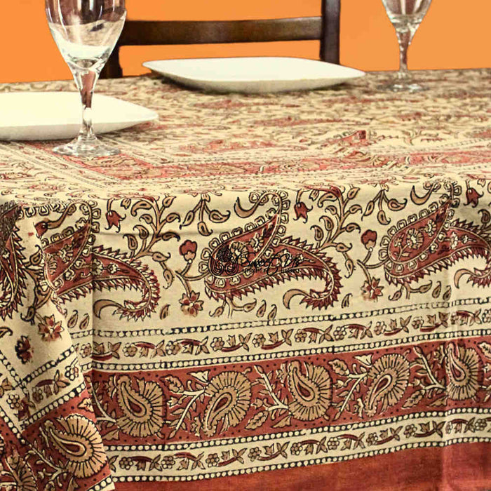 Parisian Paisley Floral Block Print Cotton Tablecloth Rectangle, Sienna Spice - Sweet Us