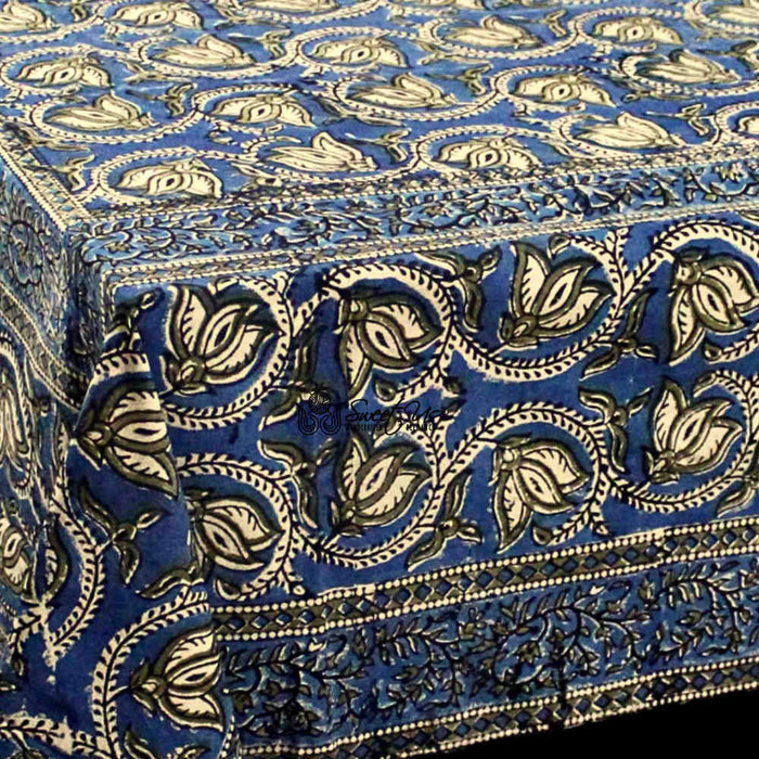 Lotus Haven Cotton Block Print Floral Tablecloth Rectangle, Twilight Abyss - Sweet Us