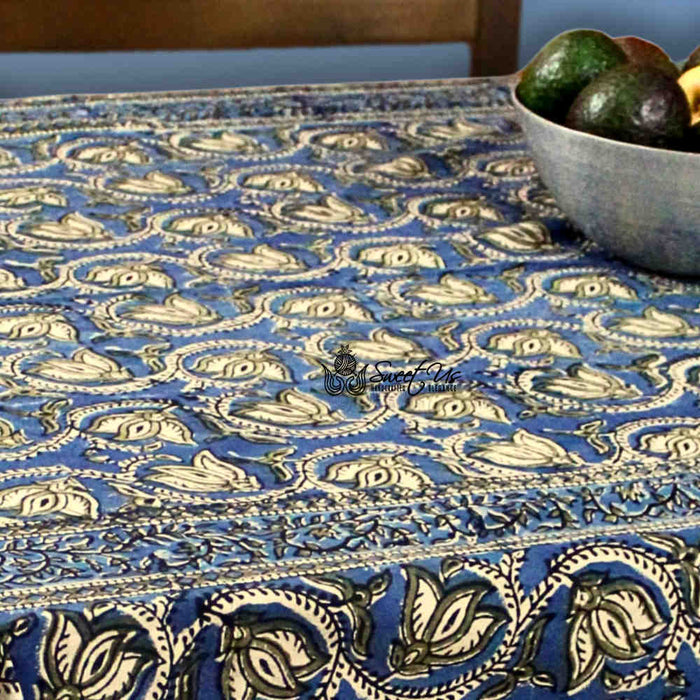 Lotus Haven Cotton Block Print Floral Tablecloth Rectangle, Twilight Abyss - Sweet Us