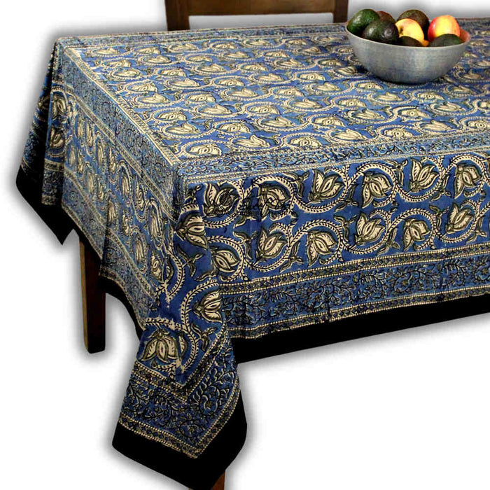 Lotus Haven Cotton Block Print Floral Tablecloth Rectangle, Twilight Abyss - Sweet Us