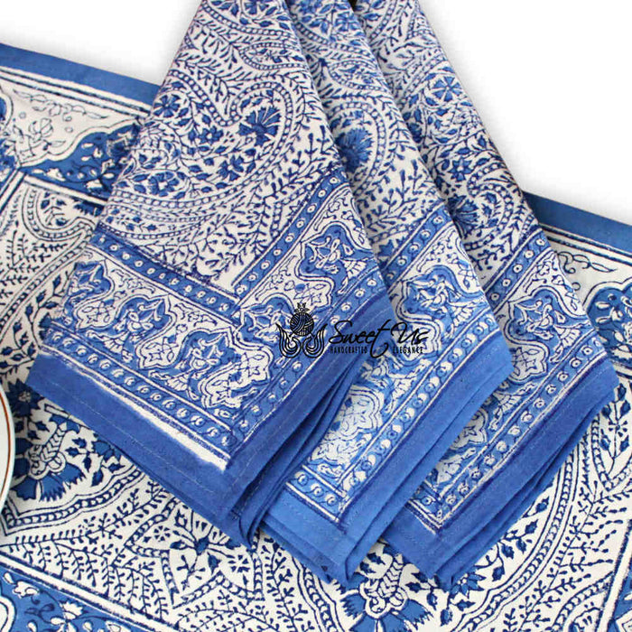 Princess Paisley Block Print Cotton Floral Set of 4 Table Napkins, Serene Blue - Sweet Us