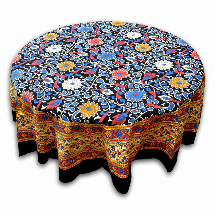 Cotton Sunflower Print Floral Tablecloth Round 60 & 72 inches Yellow & Black - Sweet Us
