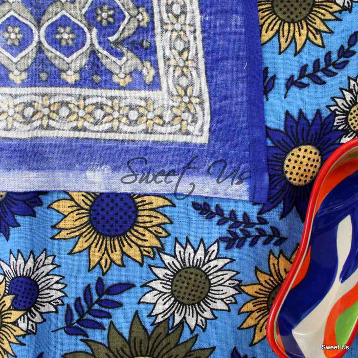 Cotton Sunflower Floral Tablecloth Rectangle Blue Olive Kitchen Dining Linen - Sweet Us