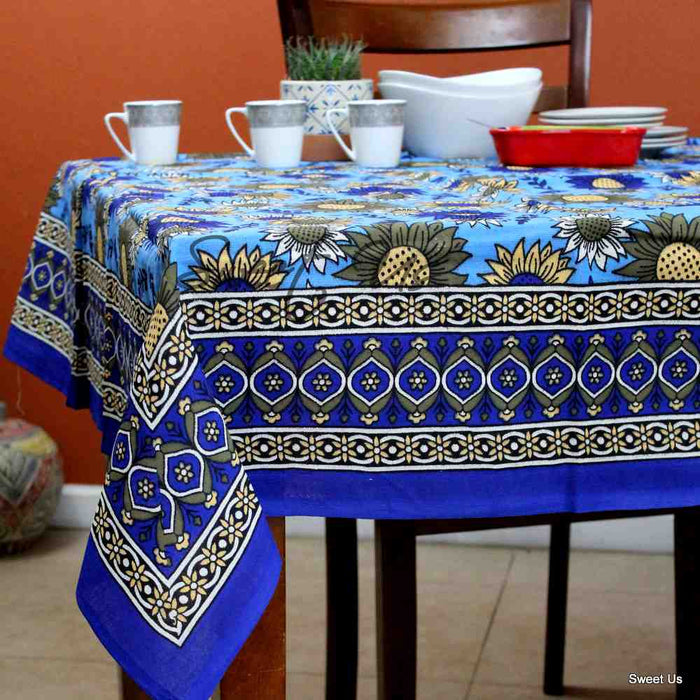 Cotton Sunflower Floral Tablecloth Rectangle Blue Olive Kitchen Dining Linen - Sweet Us