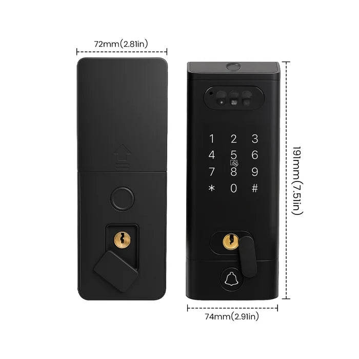 Dimension chart of Okasha Smart Armour Door Lock with face unlock showing biometric smart lock measurements and installation sizing details for residential and office doors