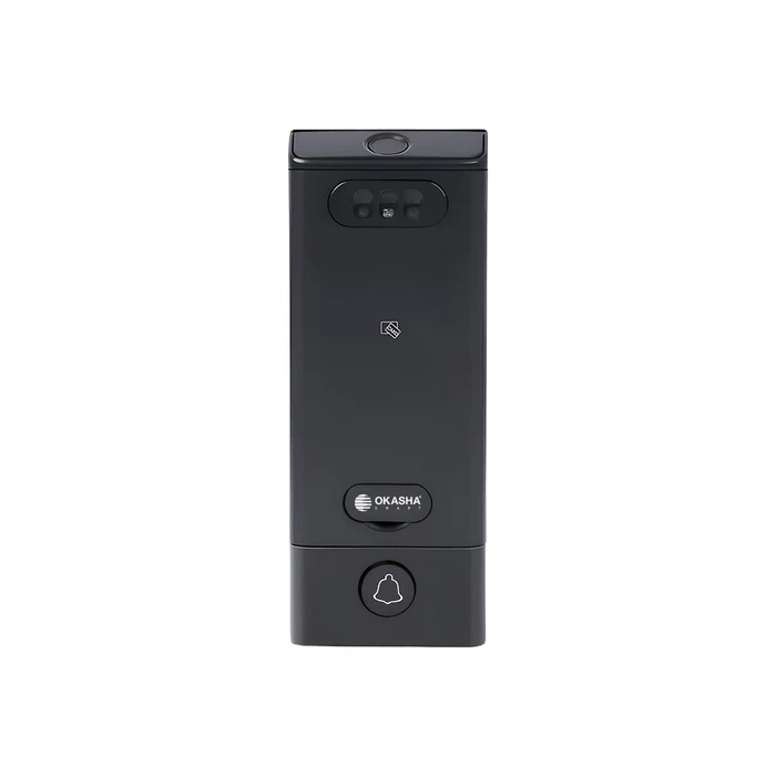 Front view of Okasha Smart Armour Door Lock with face recognition sensors, smart doorbell button, RFID support, and biometric smart access control system for modern security doors