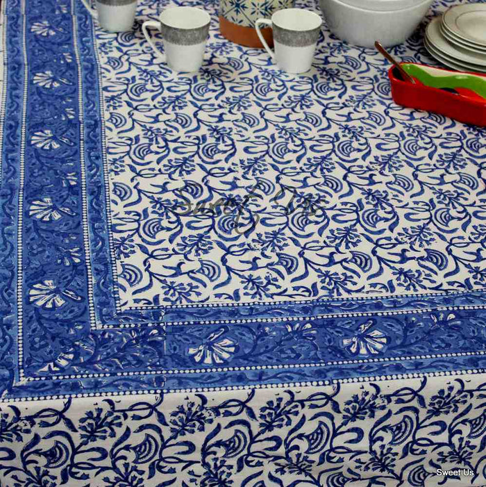 Begonia Floral Cotton Block Print Tablecloth Rectangle, Sky Petals - Sweet Us